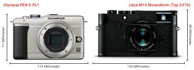Größenvergleich: OM System PEN E-PL1 vs. Leica M10 Monochrom (Typ 6376) Größenvergleich: OM System PEN E-PL1 vs. Leica M10 Monochrom (Typ 6376)