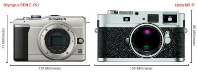 Größenvergleich: OM System PEN E-PL1 vs. Leica M9-P Größenvergleich: OM System PEN E-PL1 vs. Leica M9-P