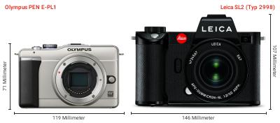 Größenvergleich: OM System PEN E-PL1 vs. Leica SL2 (Typ 2998)