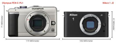Größenvergleich: OM System PEN E-PL1 vs. Nikon 1 J2 Größenvergleich: OM System PEN E-PL1 vs. Nikon 1 J2