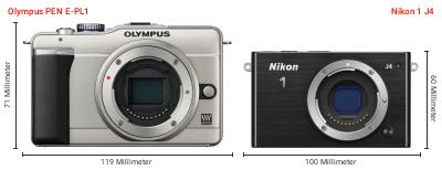 Größenvergleich: OM System PEN E-PL1 vs. Nikon 1 J4 Größenvergleich: OM System PEN E-PL1 vs. Nikon 1 J4