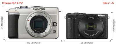 Größenvergleich: OM System PEN E-PL1 vs. Nikon 1 J5 Größenvergleich: OM System PEN E-PL1 vs. Nikon 1 J5