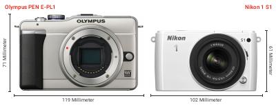 Größenvergleich: OM System PEN E-PL1 vs. Nikon 1 S1 Größenvergleich: OM System PEN E-PL1 vs. Nikon 1 S1