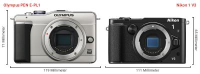 Größenvergleich: OM System PEN E-PL1 vs. Nikon 1 V3 Größenvergleich: OM System PEN E-PL1 vs. Nikon 1 V3