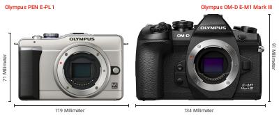 Größenvergleich: OM System PEN E-PL1 vs. OM System OM-D E-M1 Mark III Größenvergleich: OM System PEN E-PL1 vs. OM System OM-D E-M1 Mark III
