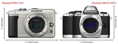 Größenvergleich: OM System PEN E-PL1 vs. OM System OM-D E-M10 Größenvergleich: OM System PEN E-PL1 vs. OM System OM-D E-M10