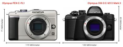 Größenvergleich: Olympus PEN E-PL1 vs. Olympus OM-D E-M10 Mark II Größenvergleich: Olympus PEN E-PL1 vs. Olympus OM-D E-M10 Mark II