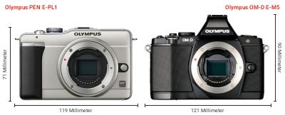 Größenvergleich: OM System PEN E-PL1 vs. OM System OM-D E-M5 Größenvergleich: OM System PEN E-PL1 vs. OM System OM-D E-M5