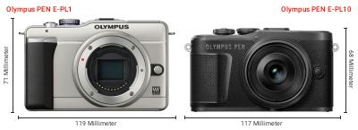Größenvergleich: OM System PEN E-PL1 vs. OM System PEN E-PL10 Größenvergleich: OM System PEN E-PL1 vs. OM System PEN E-PL10