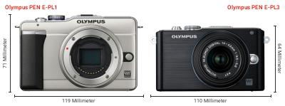 Größenvergleich: OM System PEN E-PL1 vs. OM System PEN E-PL3 Größenvergleich: OM System PEN E-PL1 vs. OM System PEN E-PL3