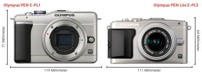 Größenvergleich: Olympus PEN E-PL1 vs. Olympus PEN Lite E-PL5 Größenvergleich: Olympus PEN E-PL1 vs. Olympus PEN Lite E-PL5