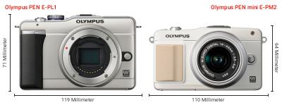 Größenvergleich: OM System PEN E-PL1 vs. OM System PEN mini E-PM2 Größenvergleich: OM System PEN E-PL1 vs. OM System PEN mini E-PM2