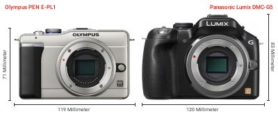 Größenvergleich: OM System PEN E-PL1 vs. Panasonic Lumix DMC-G5 Größenvergleich: OM System PEN E-PL1 vs. Panasonic Lumix DMC-G5
