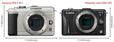 Größenvergleich: OM System PEN E-PL1 vs. Panasonic Lumix DMC-GF2 Größenvergleich: OM System PEN E-PL1 vs. Panasonic Lumix DMC-GF2