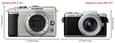 Größenvergleich: OM System PEN E-PL1 vs. Panasonic Lumix DMC-GF7 Größenvergleich: OM System PEN E-PL1 vs. Panasonic Lumix DMC-GF7