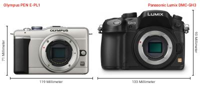 Größenvergleich: OM System PEN E-PL1 vs. Panasonic Lumix DMC-GH3 Größenvergleich: OM System PEN E-PL1 vs. Panasonic Lumix DMC-GH3