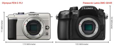Größenvergleich: OM System PEN E-PL1 vs. Panasonic Lumix DMC-GH4R Größenvergleich: OM System PEN E-PL1 vs. Panasonic Lumix DMC-GH4R