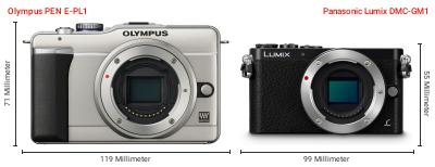 Größenvergleich: OM System PEN E-PL1 vs. Panasonic Lumix DMC-GM1 Größenvergleich: OM System PEN E-PL1 vs. Panasonic Lumix DMC-GM1
