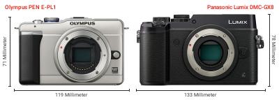 Größenvergleich: OM System PEN E-PL1 vs. Panasonic Lumix DMC-GX8 Größenvergleich: OM System PEN E-PL1 vs. Panasonic Lumix DMC-GX8
