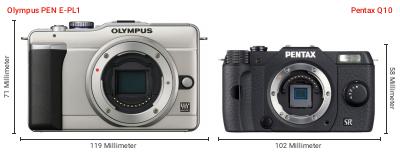 Größenvergleich: Olympus PEN E-PL1 vs. Pentax Q10 Größenvergleich: Olympus PEN E-PL1 vs. Pentax Q10