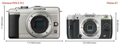Größenvergleich: OM System PEN E-PL1 vs. Pentax Q7 Größenvergleich: OM System PEN E-PL1 vs. Pentax Q7