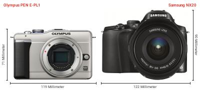 Größenvergleich: OM System PEN E-PL1 vs. Samsung NX20 Größenvergleich: OM System PEN E-PL1 vs. Samsung NX20