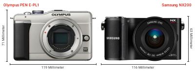 Größenvergleich: OM System PEN E-PL1 vs. Samsung NX200 Größenvergleich: OM System PEN E-PL1 vs. Samsung NX200
