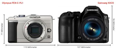 Größenvergleich: Olympus PEN E-PL1 vs. Samsung NX30 Größenvergleich: Olympus PEN E-PL1 vs. Samsung NX30