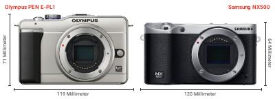 Größenvergleich: OM System PEN E-PL1 vs. Samsung NX500 Größenvergleich: OM System PEN E-PL1 vs. Samsung NX500