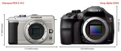 Größenvergleich: OM System PEN E-PL1 vs. Sony Alpha 3000 Größenvergleich: OM System PEN E-PL1 vs. Sony Alpha 3000