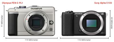 Größenvergleich: OM System PEN E-PL1 vs. Sony Alpha 5100 Größenvergleich: OM System PEN E-PL1 vs. Sony Alpha 5100