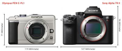 Größenvergleich: OM System PEN E-PL1 vs. Sony Alpha 7R II Größenvergleich: OM System PEN E-PL1 vs. Sony Alpha 7R II