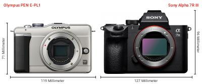 Größenvergleich: OM System PEN E-PL1 vs. Sony Alpha 7R III Größenvergleich: OM System PEN E-PL1 vs. Sony Alpha 7R III