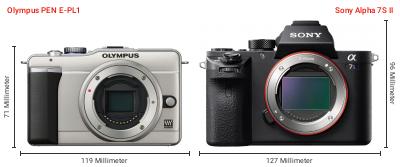 Größenvergleich: OM System PEN E-PL1 vs. Sony Alpha 7S II Größenvergleich: OM System PEN E-PL1 vs. Sony Alpha 7S II