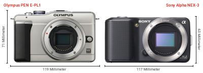 Größenvergleich: OM System PEN E-PL1 vs. Sony Alpha NEX-3 Größenvergleich: OM System PEN E-PL1 vs. Sony Alpha NEX-3
