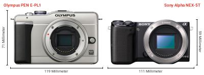 Größenvergleich: OM System PEN E-PL1 vs. Sony Alpha NEX-5T Größenvergleich: OM System PEN E-PL1 vs. Sony Alpha NEX-5T