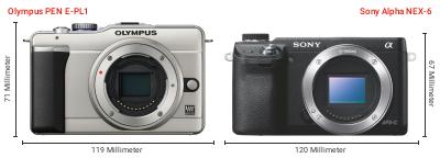 Größenvergleich: OM System PEN E-PL1 vs. Sony Alpha NEX-6 Größenvergleich: OM System PEN E-PL1 vs. Sony Alpha NEX-6