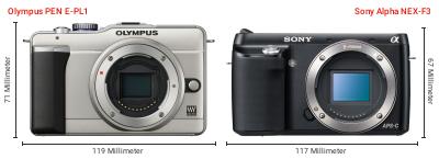Größenvergleich: OM System PEN E-PL1 vs. Sony Alpha NEX-F3 Größenvergleich: OM System PEN E-PL1 vs. Sony Alpha NEX-F3
