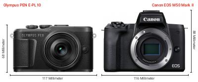 Größenvergleich: OM System PEN E-PL10 vs. Canon EOS M50 Mark II Größenvergleich: OM System PEN E-PL10 vs. Canon EOS M50 Mark II