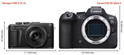 Größenvergleich: OM System PEN E-PL10 vs. Canon EOS R6 Mark II Größenvergleich: OM System PEN E-PL10 vs. Canon EOS R6 Mark II