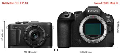 Größenvergleich: OM System PEN E-PL10 vs. Canon EOS R6 Mark III Größenvergleich: OM System PEN E-PL10 vs. Canon EOS R6 Mark III