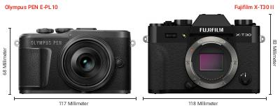 Größenvergleich: OM System PEN E-PL10 vs. Fujifilm X-T30 II Größenvergleich: OM System PEN E-PL10 vs. Fujifilm X-T30 II