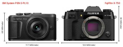 Größenvergleich: OM System PEN E-PL10 vs. Fujifilm X-T50 Größenvergleich: OM System PEN E-PL10 vs. Fujifilm X-T50