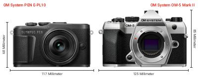 Größenvergleich: OM System PEN E-PL10 vs. OM System OM-5 Mark II Größenvergleich: OM System PEN E-PL10 vs. OM System OM-5 Mark II