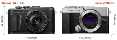 Größenvergleich: OM System PEN E-PL10 vs. OM System PEN E-P7 Größenvergleich: OM System PEN E-PL10 vs. OM System PEN E-P7