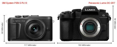 Größenvergleich: OM System PEN E-PL10 vs. Panasonic Lumix DC-G97 Größenvergleich: OM System PEN E-PL10 vs. Panasonic Lumix DC-G97