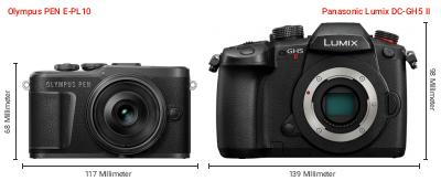 Größenvergleich: OM System PEN E-PL10 vs. Panasonic Lumix DC-GH5 II Größenvergleich: OM System PEN E-PL10 vs. Panasonic Lumix DC-GH5 II