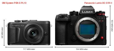 Größenvergleich: OM System PEN E-PL10 vs. Panasonic Lumix DC-S1R II Größenvergleich: OM System PEN E-PL10 vs. Panasonic Lumix DC-S1R II