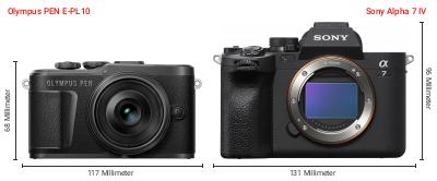 Größenvergleich: OM System PEN E-PL10 vs. Sony Alpha 7 IV Größenvergleich: OM System PEN E-PL10 vs. Sony Alpha 7 IV