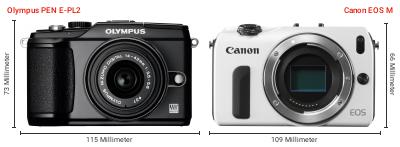 Größenvergleich: OM System PEN E-PL2 vs. Canon EOS M Größenvergleich: OM System PEN E-PL2 vs. Canon EOS M